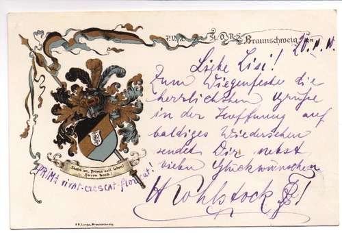 Braunschweig - Studentenverbindung - Postkarte: Wappen: P. V. d. St. O. R.-S. - Stosst an, Prima soll leben! Hurra hoeh!