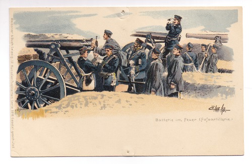 Preussische Fussartillerie - Ansichtskarte - Lithographie: Batterie im Feuer (Fussartillerie)