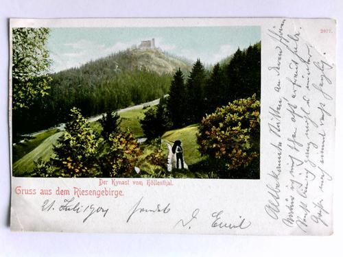 Riesengebirge - Postkarte: Gruss aus dem Riesengebirge - Der Kynast vom Hllenthal