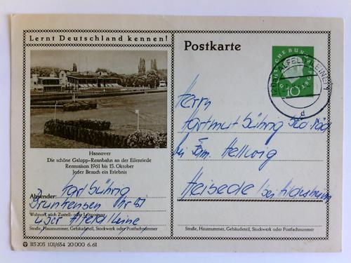 Hannover - 1 Postkarte: Hannover - Die schne Galopp-Rennbahn an der Eilenriede. Rennsaison 1961 bis 15. Oktober. Jeder Besuch ein Erlebnis