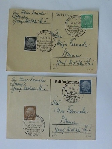 Propagandaansichtskarte - Deutsches Reich - 2 Postkarten mit 1 und 5 sowie 3 und 4 Pfennig-Marken mit dem Konterfei Hindenburgs und Sonderstempel: 16. Groe Deutsche Rundfunk- u. Fernsehrundfunk-Ausstellung, Berlin 1939