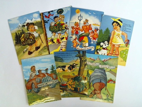 (Humor-Leporello-Ansichtskarten) - 7 verschiedene Ansichtskarten mit aufklappbarem Ausschnitt und aufmontiertem Leporello