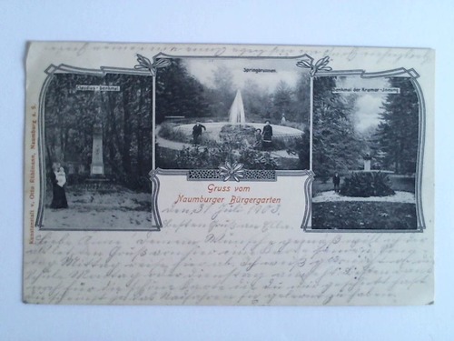 (Naumburg) - Ansichtskarte: Gruss vom Naumburger Brgergarten - Claudius-Denkmal, Springbrunnen, Denkmal der Kramer-Innung
