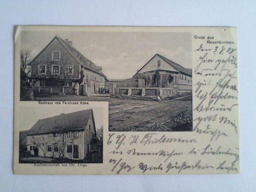 (Neuenkirchen) - Ansichtskarte: Gruss aus Neuenkirchen - Gasthaus von Ferdinand Rhe, Kaufmannschaft von Chr. Linge