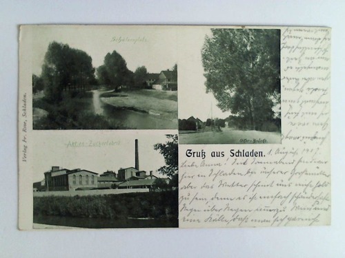 (Schladen) - Ansichtskarte: Gru aus Schladen - Schtzenplatz, Aktien-Zuckerfabrik, Oker-Brcke