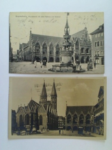 (Braunschweig) - 2 Ansichtskarten: Braunschweig, Altstadtmarkt mit altem Rathaus und Denkmal / Das malerische Braunschweig. Martinikirche, Altstadt-Rathaus, Altstadtmarkt mit Brunnen im 12 Jahrhundert im Bau begonnen und im 15. Jahrhundert vollendet