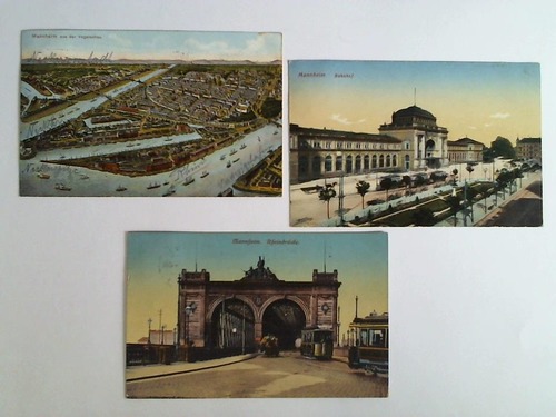 (Mannheim) - 3 Ansichtskarten: Mannheim aus der Vogelschau / Bahnhof / Rheinbrcke, teils mit Straenbahn