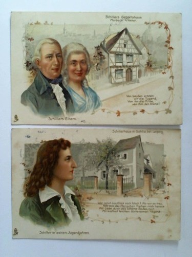 (Schiller, Friedrich) - 2 lithographierte Ansichtskarten: Schillers Geburtshaus, Marbach a. Neckar. Schillers Eltern / Schillerhaus in Gohlis bei Leipzig. Schiller in seinen Jugendjahren