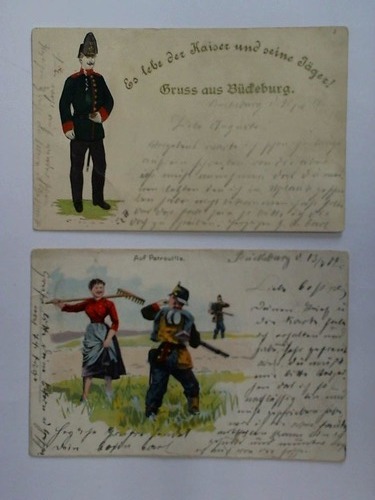 (Kaiserliche Jger, Bckeburg) - Ansichtskarte, goldgeprgt und handcoloriert: Es lebe der Kaiser und seine Jger! Gruss aus Bckeburg.