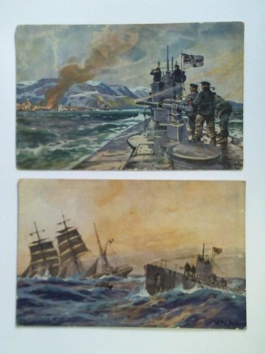 Stwer, Willy - 2 colorierte Ansichtskarten: Deutsches U-Boot im Eismeer - Beschieung von Alexandrowsk / Franzsische Bark wird durch deutsches U-Boot im Atlantic versenkt