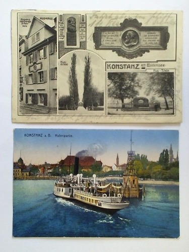 (Konstanz) - 2 Ansichtskarten: Konstanz am Bodensee. Husens Herberge, 3. Nov. 1414, Hu-Haus; Hus-Allee; Hus-Stein / Konstanz a. B. Hafenpartie