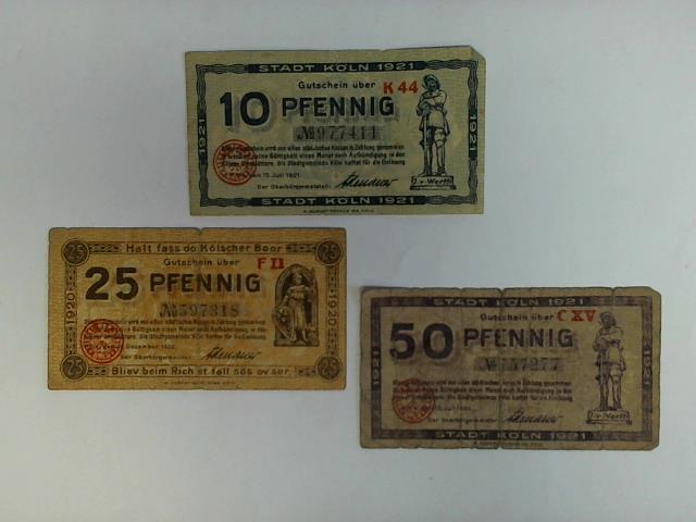 (Stadt Kln) - Gutschein ber 50 Pfennig / Gutschein ber 25 Pfennig / Gutschein ber 10 Pfennig. Zusammen 3 Banknoten