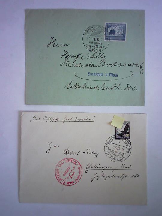 (Zeppelin-Post) - 2 gelaufene Briefkuverts. 2 Stempel vom Flug- und Luftschiffhafen Rhein-Main, Frankfurt am Main und Luftschiff Graf Zeppelin sowie Stempel 100. Geburtstag des Grafen v. Zeppelin, 8. Juli 1938, Frankfurt (Main). Ein Kuvert mit Aufschrift Mit Luftschiff Graf Zeppelin