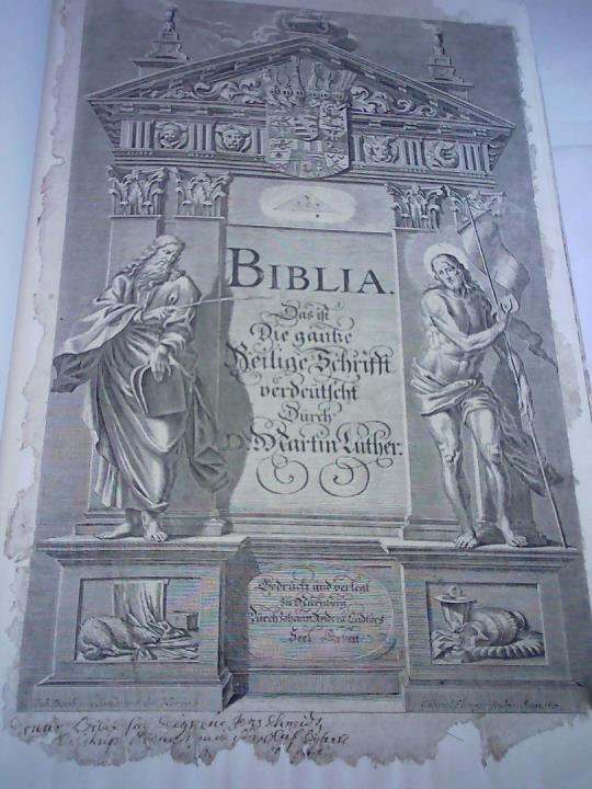 Biblia, Das ist: Die gantze Heilige Schrift, Altes und Neues Testament (fehlt hier!), verdeutscht von Martin Luther. Und auf gnädigste Verord nung Des Durchlauchtigsten Fürsten und Herrn, Herrn Ernsts, Herogen zu Sachsen, Jülich, Cleve und Berg von etlichen reinen Theologen dem eigentlichen Wort-Verstand noch erkläret, wie hiervon weiter in der Vorrede gehandelt wird. Dabey über die gewöhnliche, mit Fleiß verbesserte Biblische Register, unter andern zu finden ein Bericht/von Vergleichung der Jüdischen und Biblischen Monden, Maaß, Gewicht, Müntz und Elen mit den Unserigen: Sowol auch eine Beschreibung der Stadt Jerusalem/samt unterschiedlichen neuen Land-Tafeln, und andern schönen Kupffer-Figuren, und derselben Beschreibung: Welches alles dem Christlichen Leser, zu mehrerm verstand der Schrifft, gute Anleitung geben kan. Zu End ist auch, nebenst den Christlichen Haupt-Symbolis, die unveränderte Augspurgische Confession mit beygedruckt worden. Anitzo auf gnädigsten Befehl des Durchlaucht